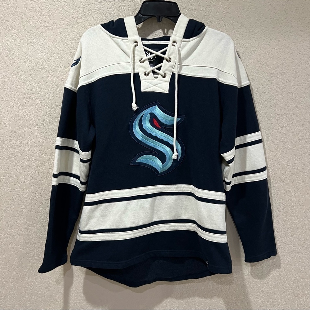 47 Brand Navy and White Lace-Up Hockey Sweater with Embroidered 'S'